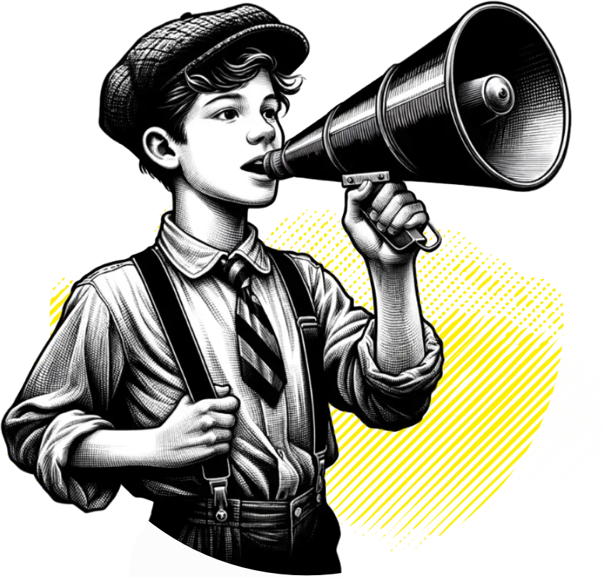 A black and white drawing of a boy holding a megaphone.