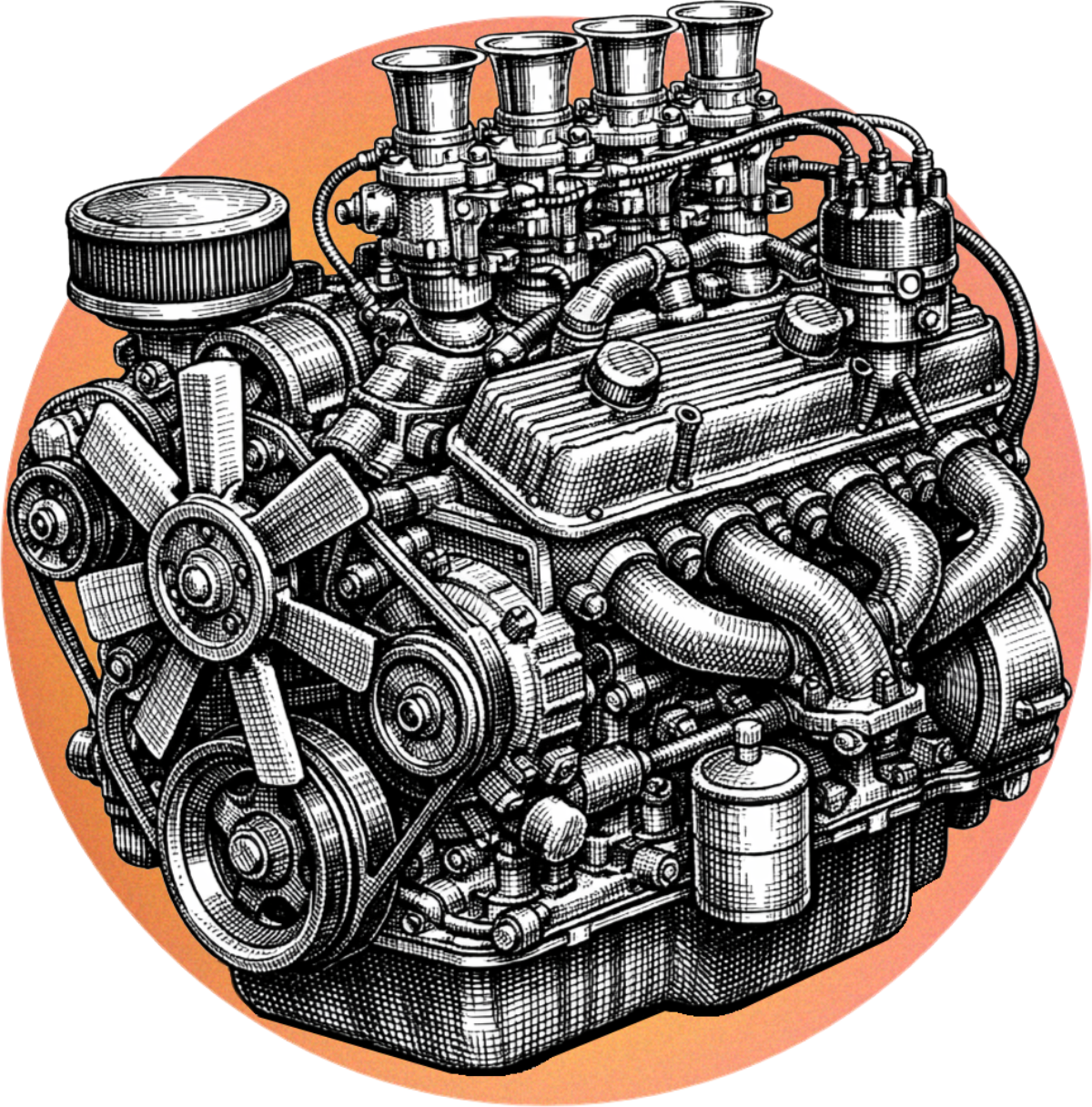 Detailed illustration of a car engine, including cylinders, carburetors, and belts, within an orange circle.