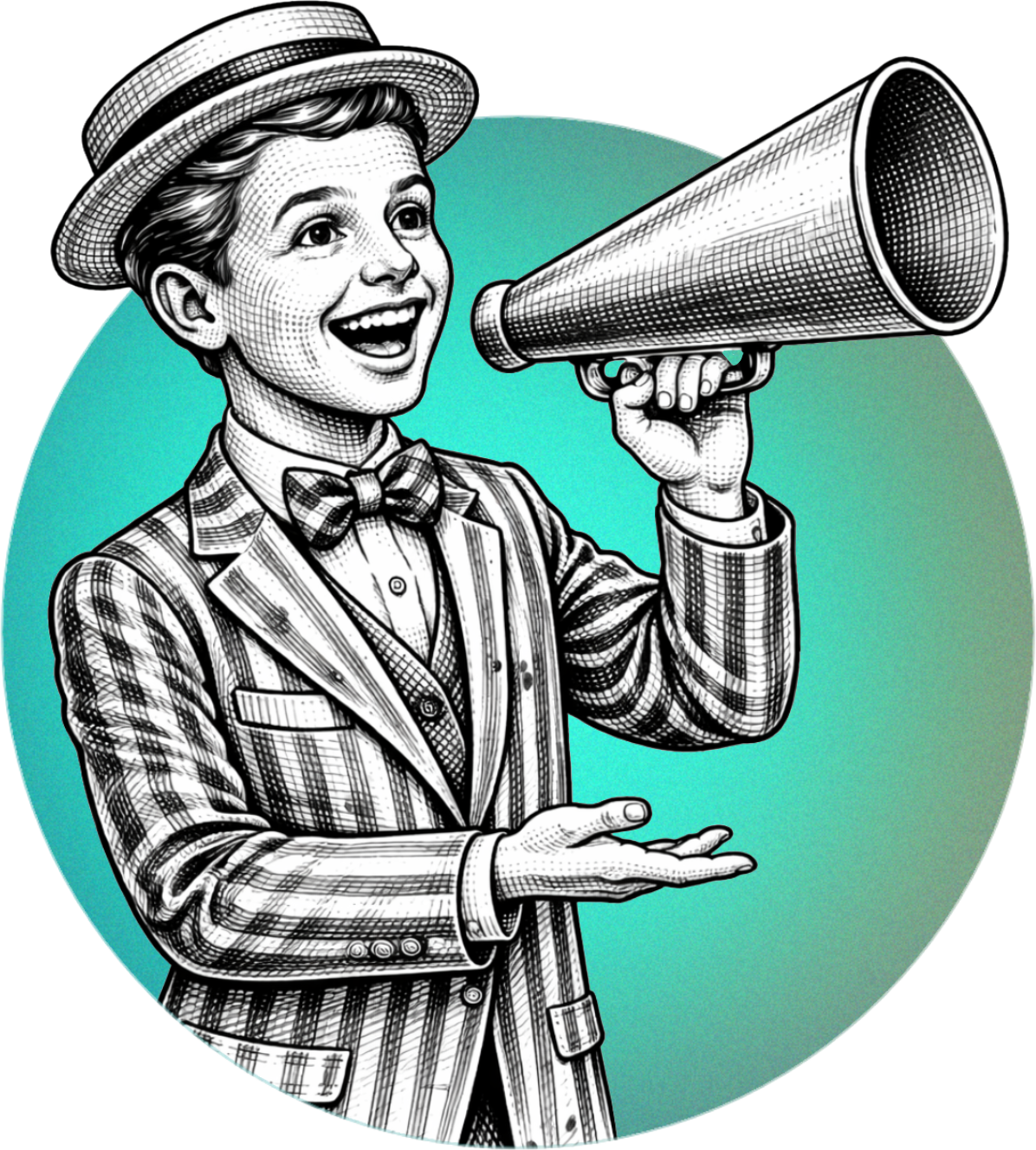 Boy in pinstripe suit, holding megaphone, speaking with open mouth, on teal background.