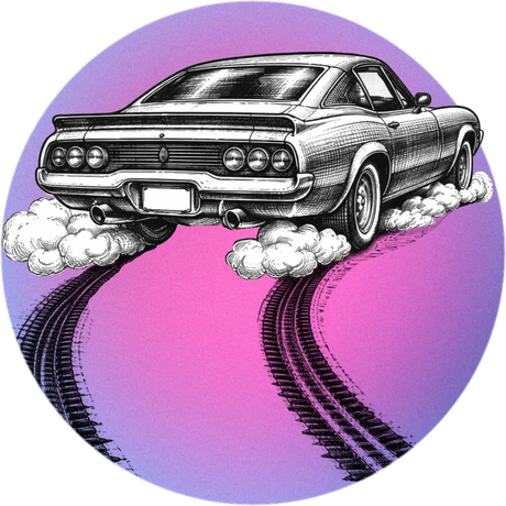 Car drifting, leaving smoke trails on a pink and purple backdrop.