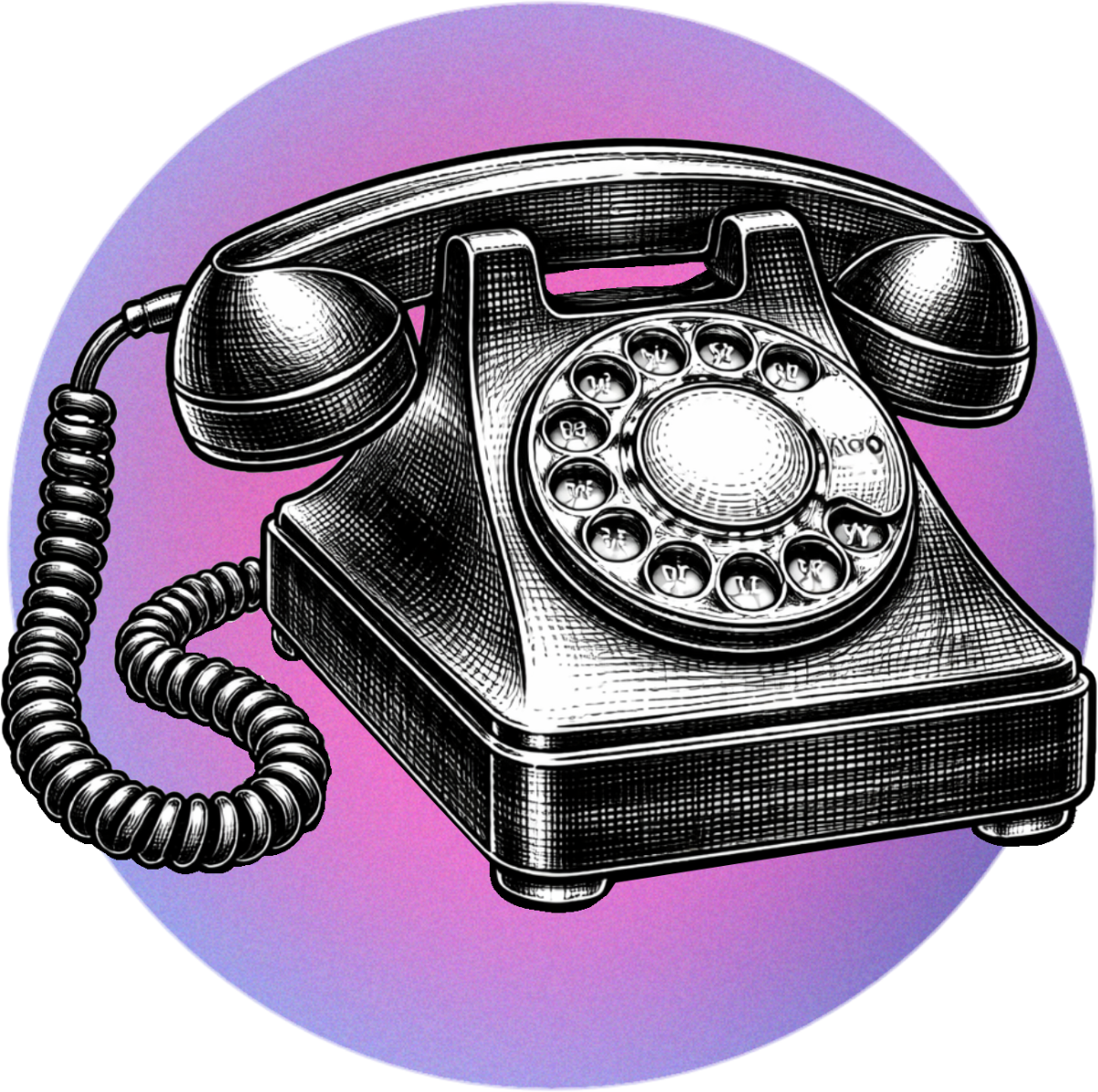 Rotary phone illustration on a purple and pink background.