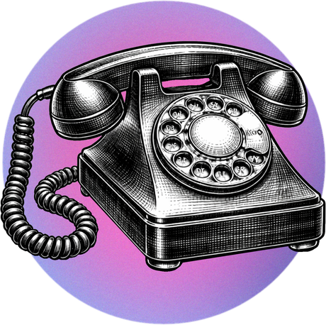 Rotary phone illustration on a purple and pink background.