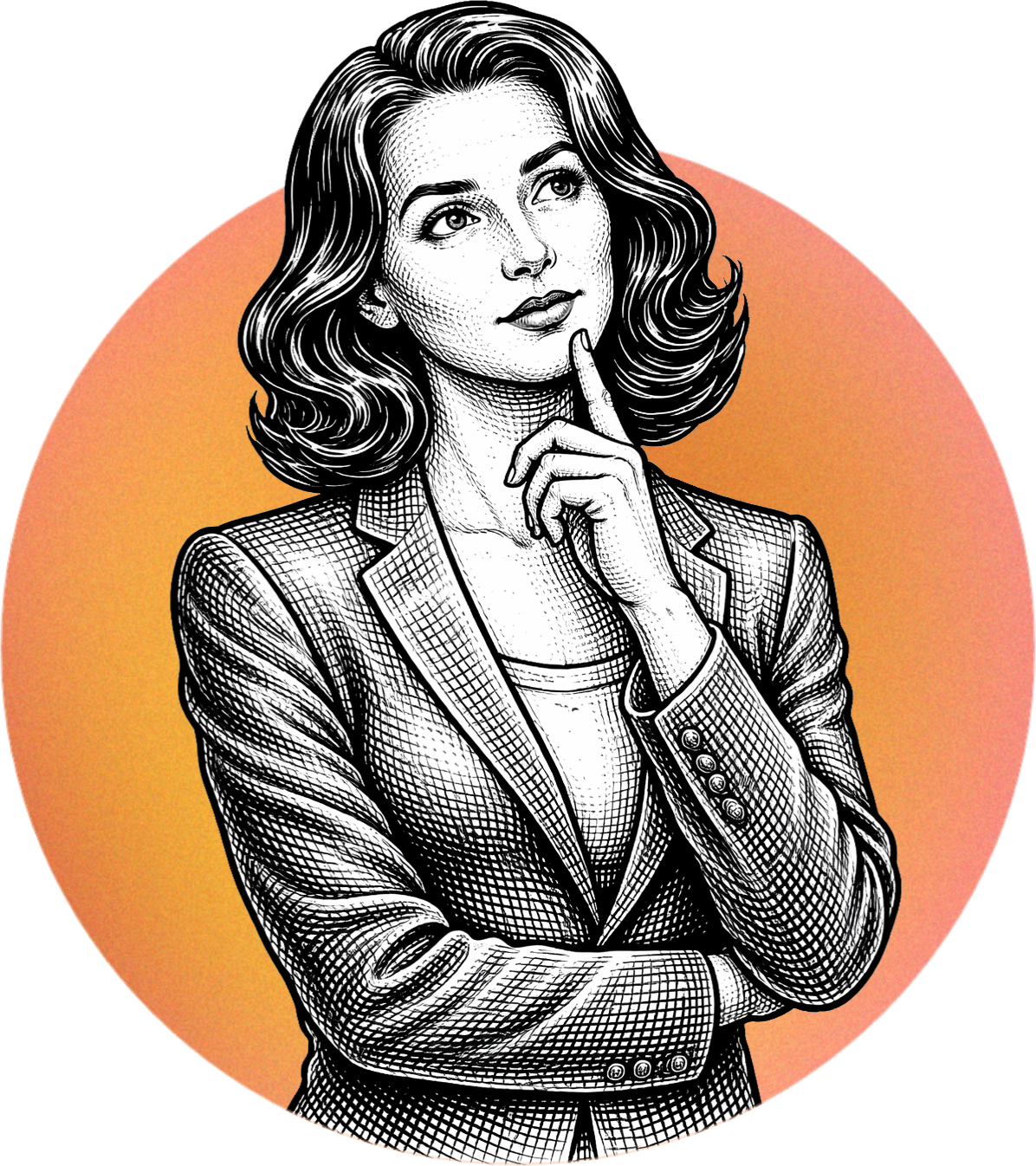 Woman in blazer, hand on chin, looking upward pensively, set against an orange circle.