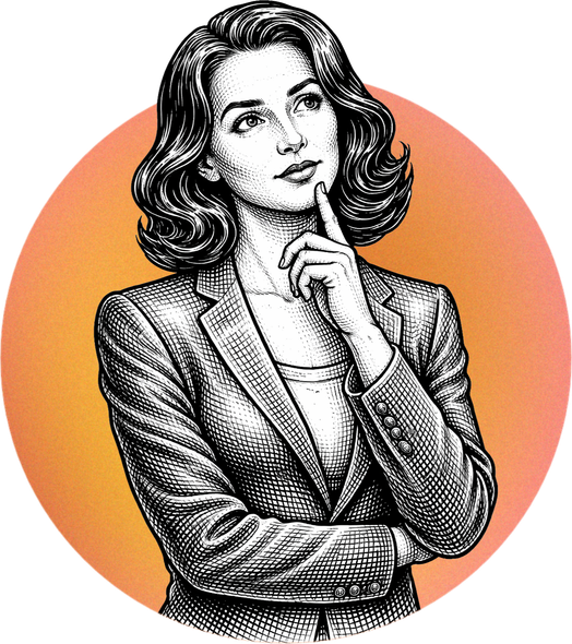 Woman in blazer, hand on chin, looking upward pensively, set against an orange circle.