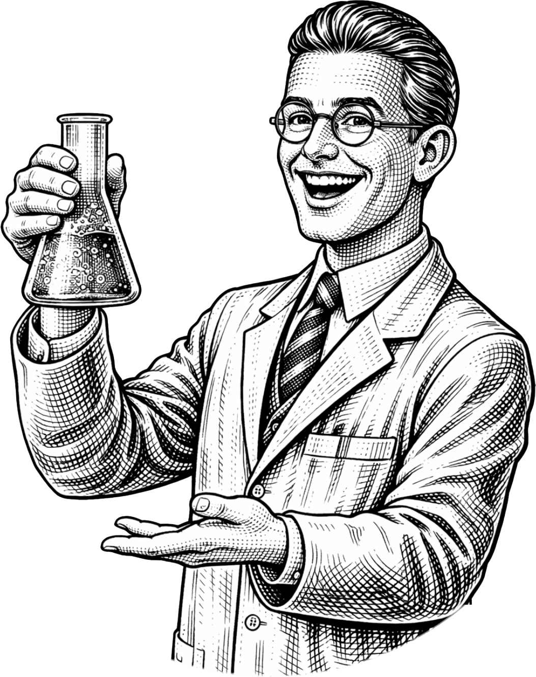 Scientist holding a flask, smiling, wearing glasses and a lab coat, gesturing with his other hand.