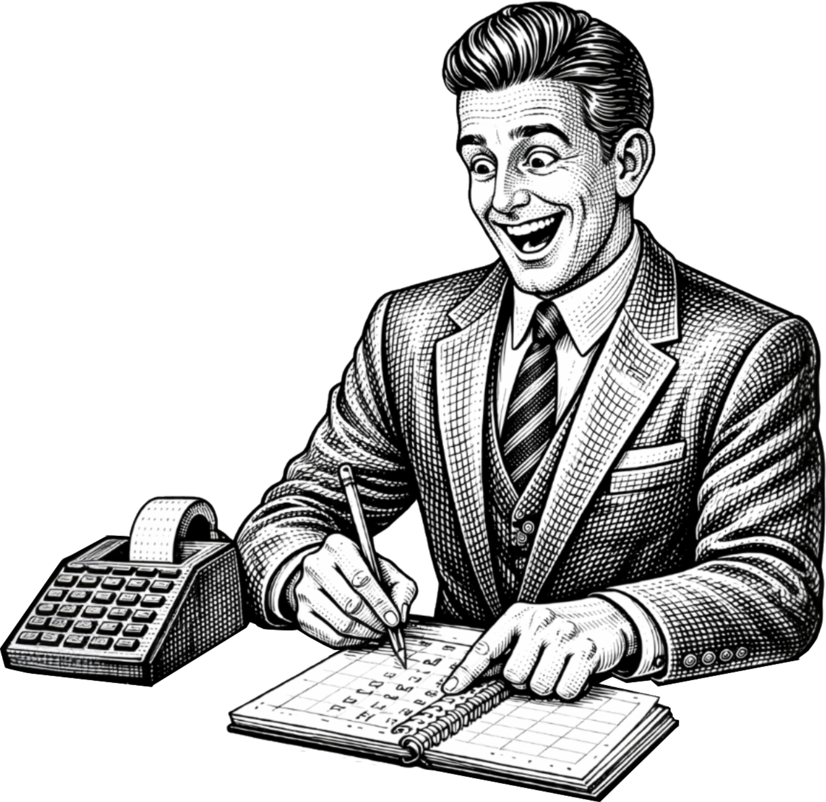 Man in suit smiling, pointing at a notebook, next to a calculator.