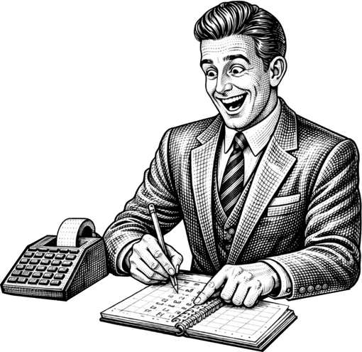 Man in suit smiling, pointing at a notebook, next to a calculator.