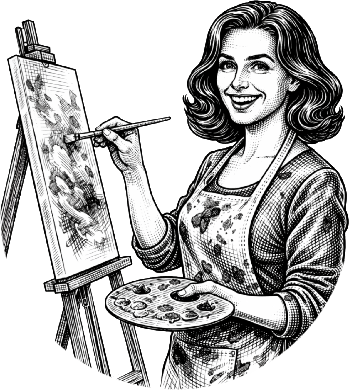 Woman painting on a canvas, holding a palette and brush, smiling.
