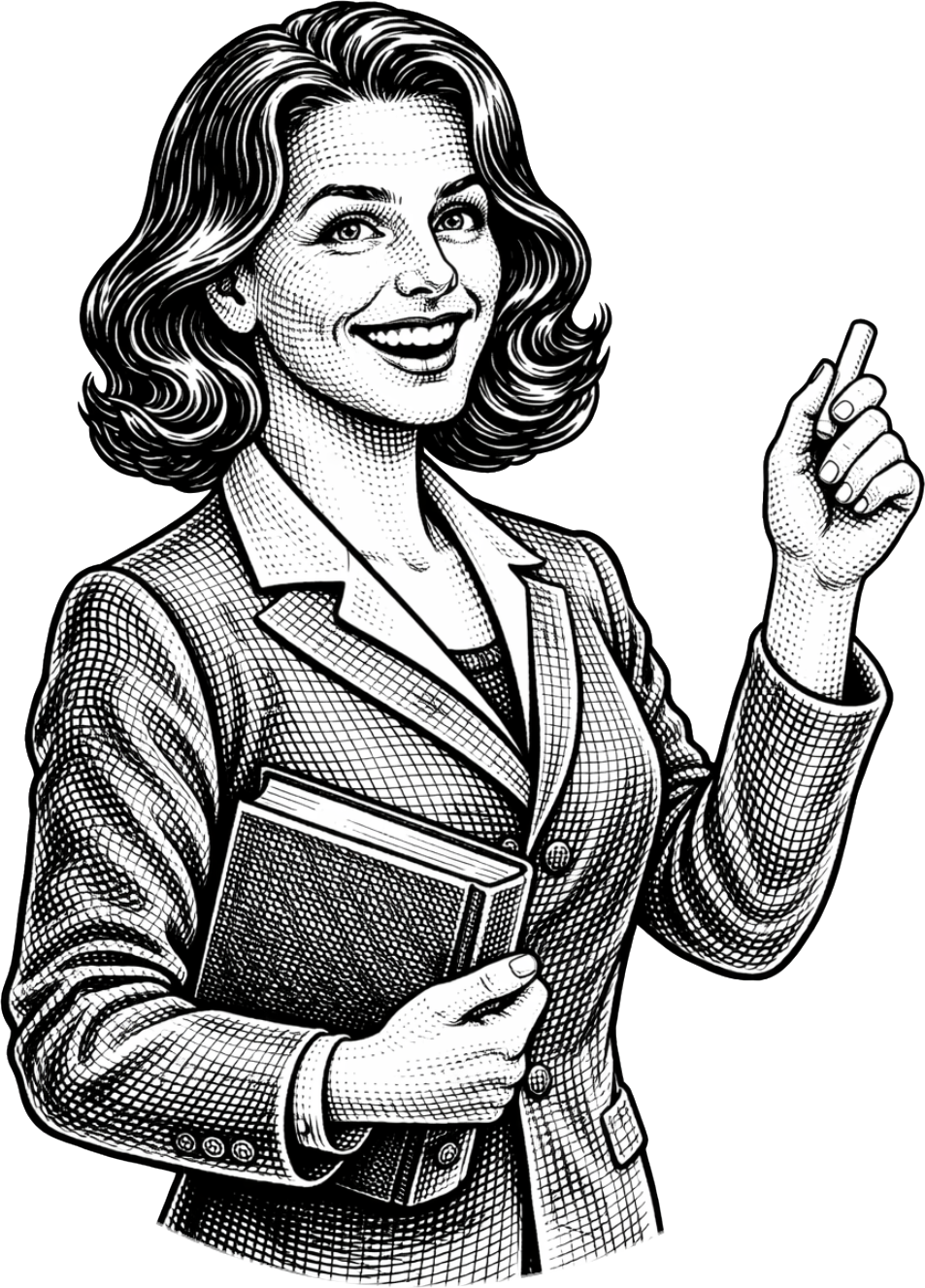 Woman in suit holding book, smiling and pointing upwards.