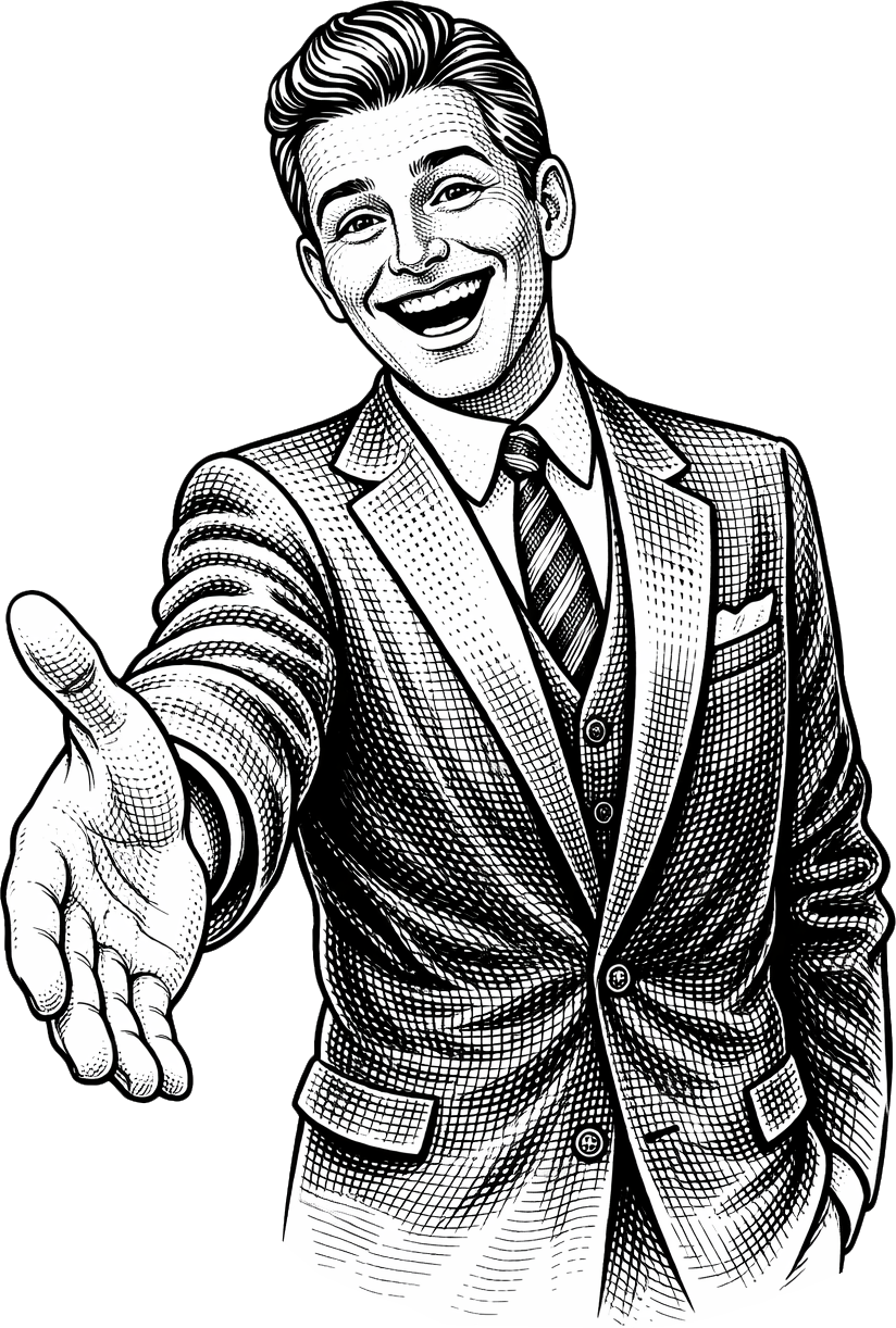 Man in suit, extending hand for a handshake, smiling.