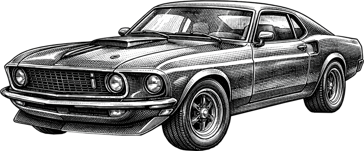 Line drawing of a classic black muscle car, possibly a Ford Mustang, angled slightly toward the viewer.