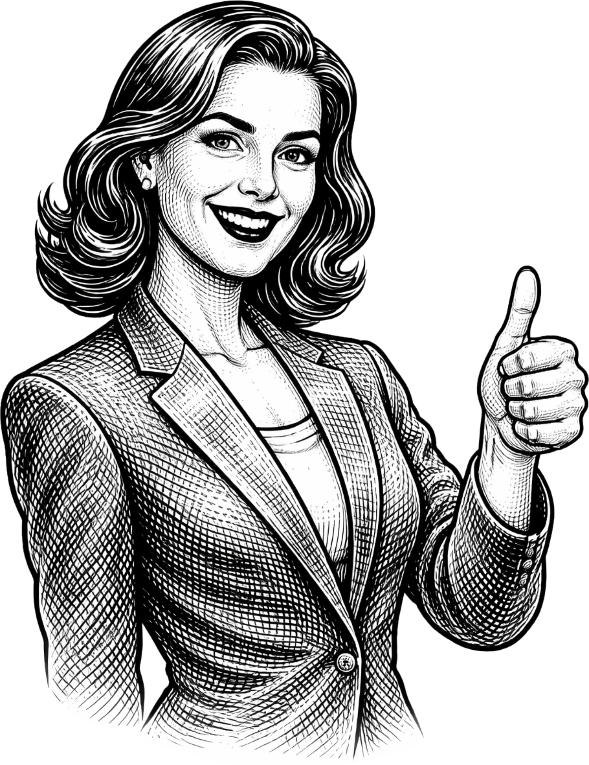 Woman in blazer smiles, gives thumbs-up.
