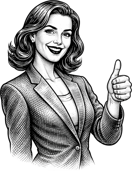 Woman in blazer smiles, gives thumbs-up.