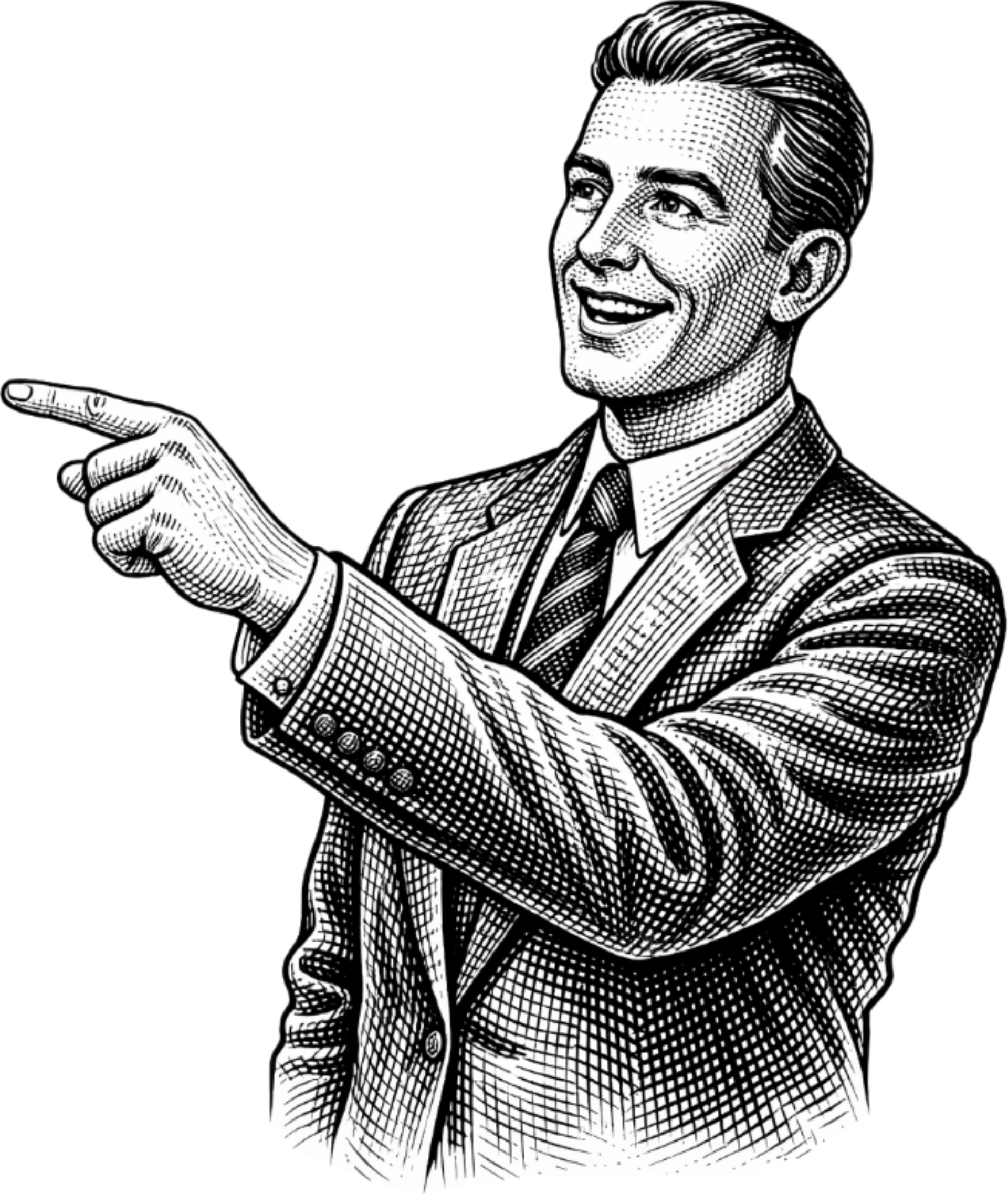 Man in suit points to the left, smiling.