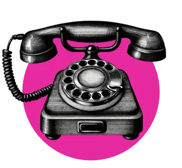 a black and white drawing of an old fashioned telephone on a pink background