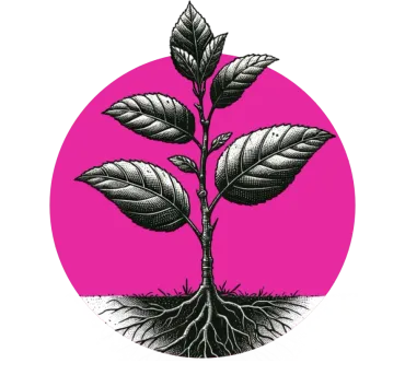 a black and white drawing of a plant with roots in a pink circle .