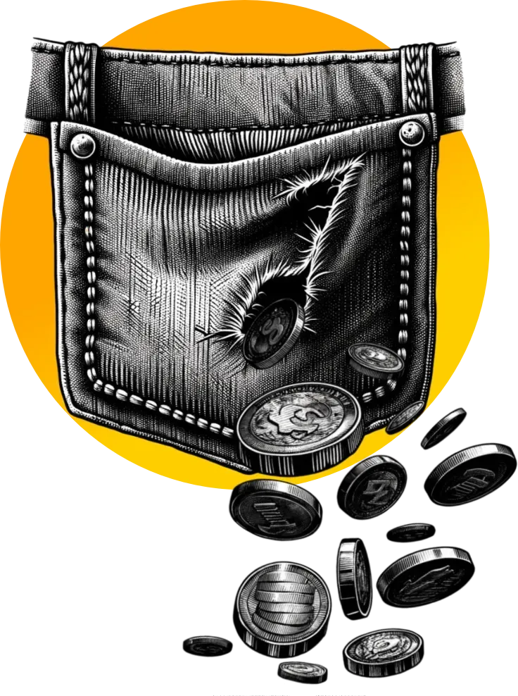 Image of a jean pocket with a hole in it and money falling out of it