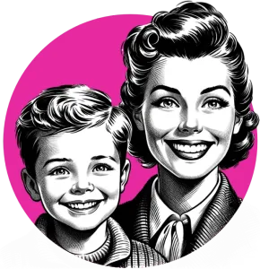 a black and white drawing of a woman and child smiling