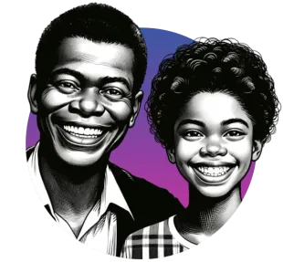 a black and white drawing of a man and a girl smiling