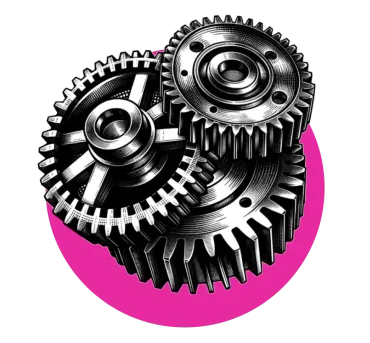 a black and white drawing of three gears on a pink background .