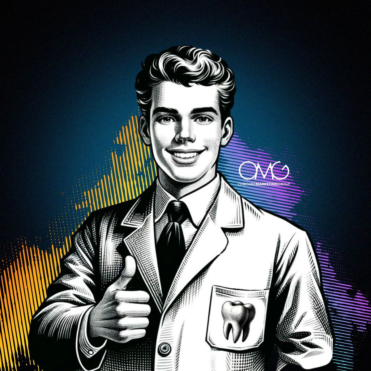 A man in a lab coat with a tooth in his pocket is giving a thumbs up.