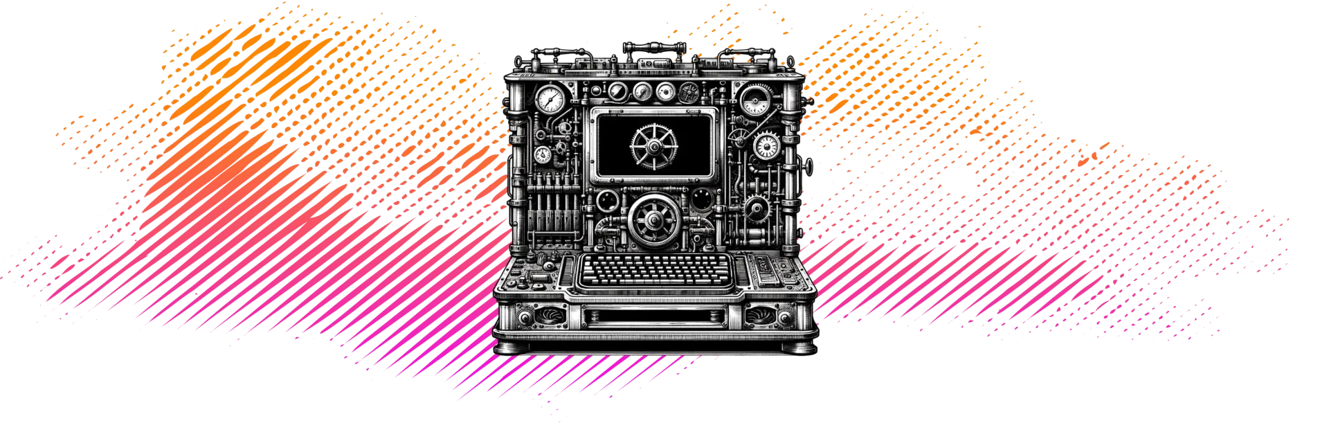 A black and white drawing of a computer on a pink and orange background.