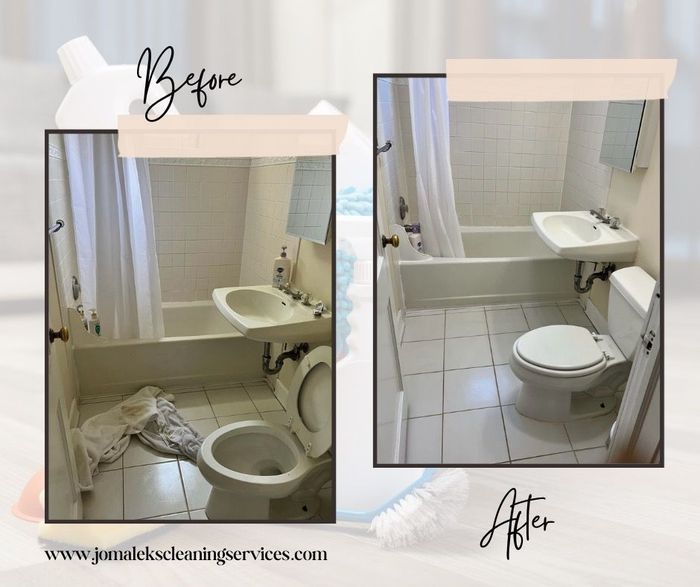 A before and after photo of a bathroom with a toilet , sink and bathtub.