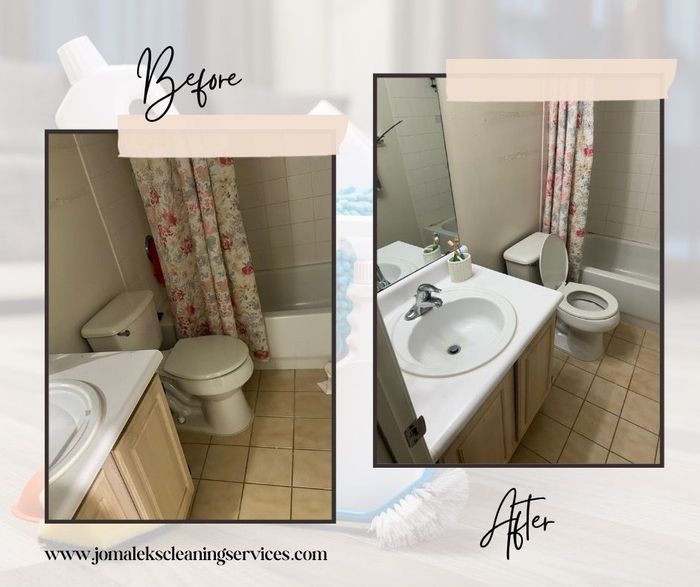 A before and after photo of a bathroom with a toilet , sink and shower.