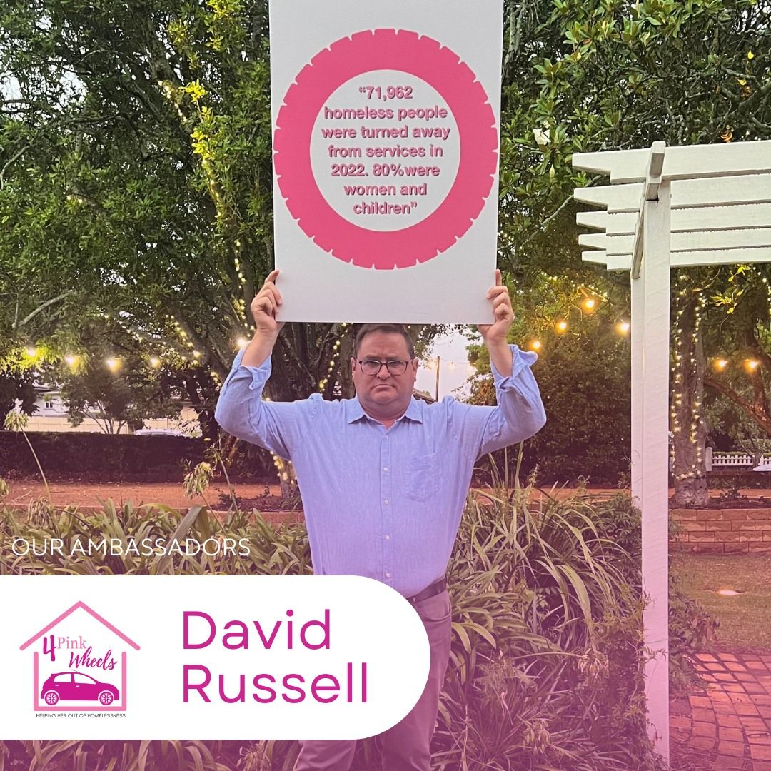 A man is holding a sign that says david russell