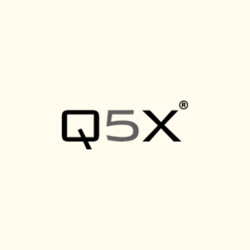 Logo for Q5X, black letters Q and X with a gray 5, registered trademark symbol.