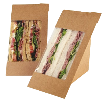 Two triangular sandwich containers made of brown cardboard with transparent plastic windows, showing layered sandwiches.