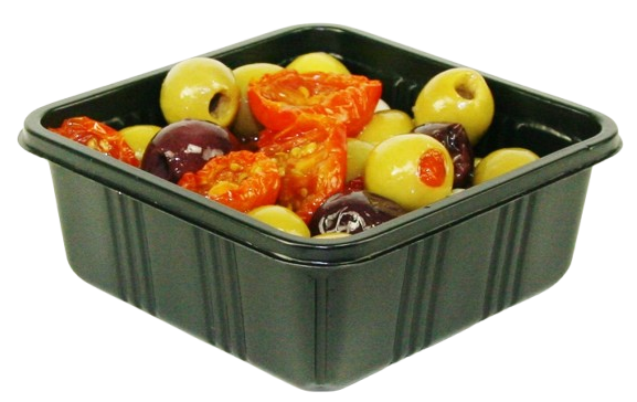 A square black plastic container filled with a mix of green and dark olives and sun-dried tomatoes.