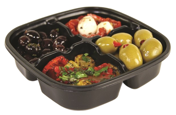 A four-sectioned black plastic tray containing black olives, green olives, mozzarella balls, and roasted red peppers.
