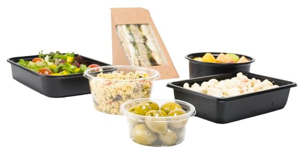 A variety of food items in black and clear plastic takeaway containers, including a sandwich, salad, olives, and pasta.