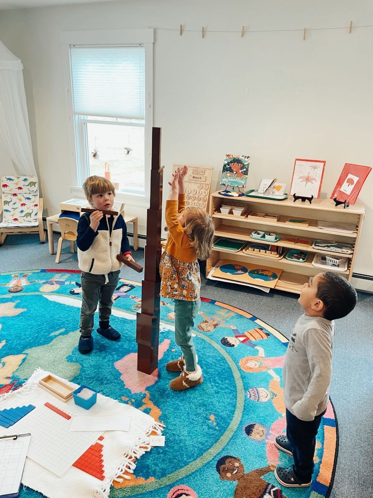 A group of children are working in a montessori classroom with tower of wooden cubes.