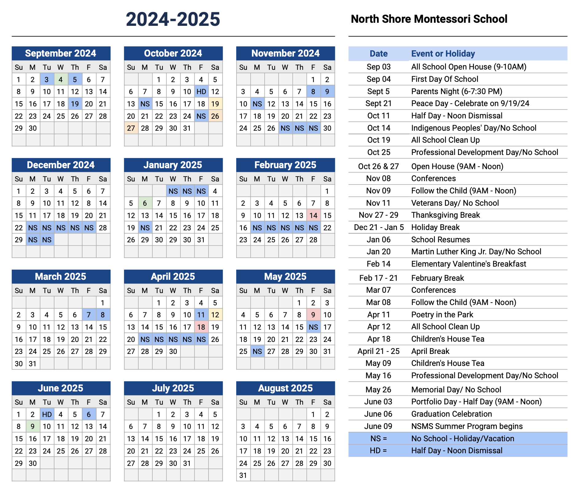 North Shore Montessori Calendar 23-24