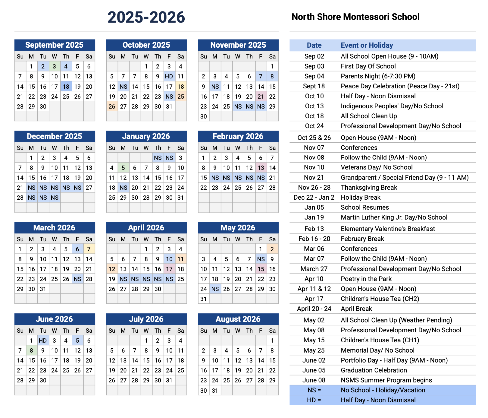 North Shore Montessori Calendar 23-24