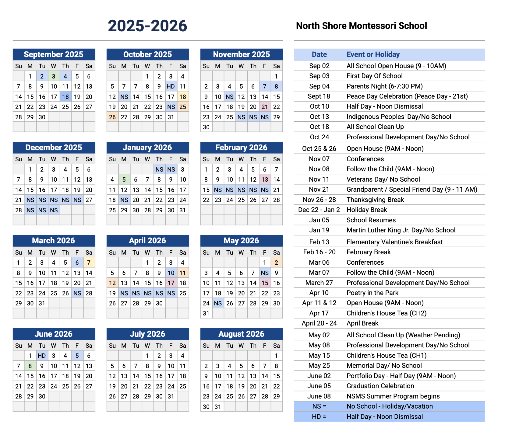 North Shore Montessori Calendar 23-24