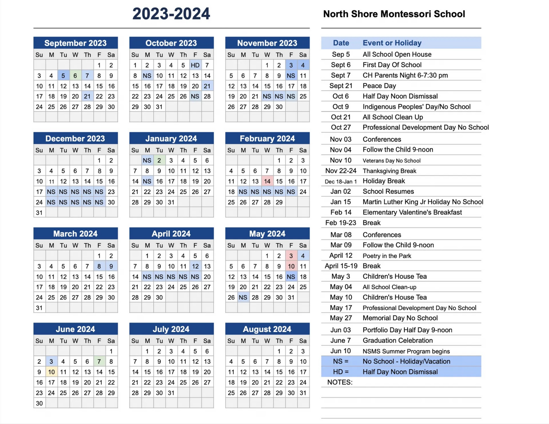North Shore Montessori Calendar 23-24
