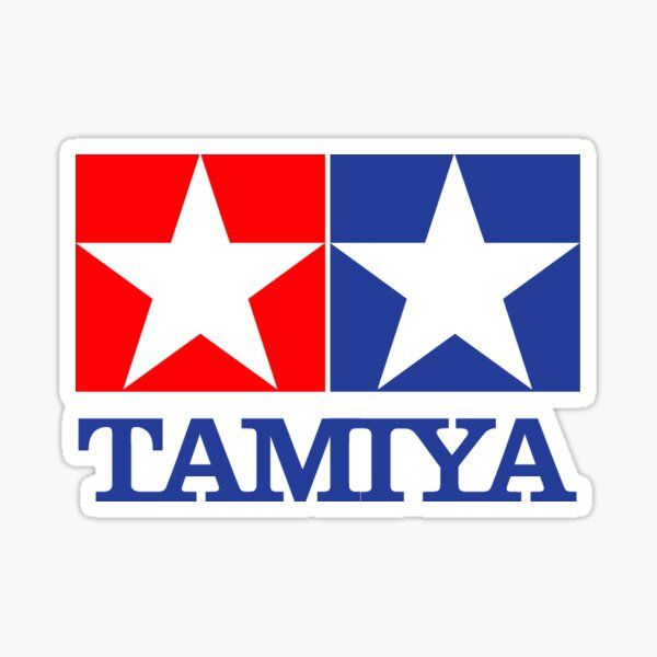 A red white and blue tamiya logo on a white background