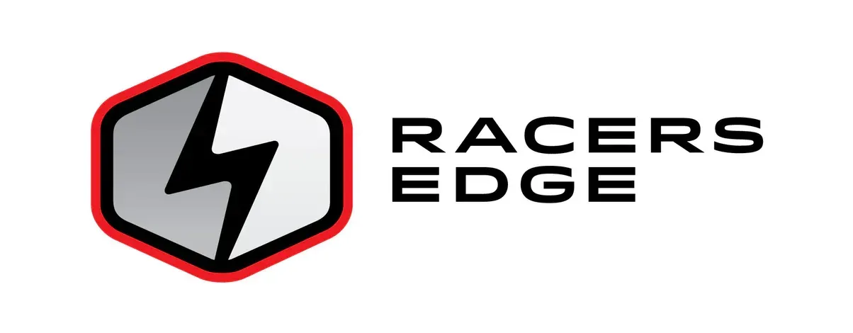 The logo for racers edge is a lightning bolt in a hexagon.