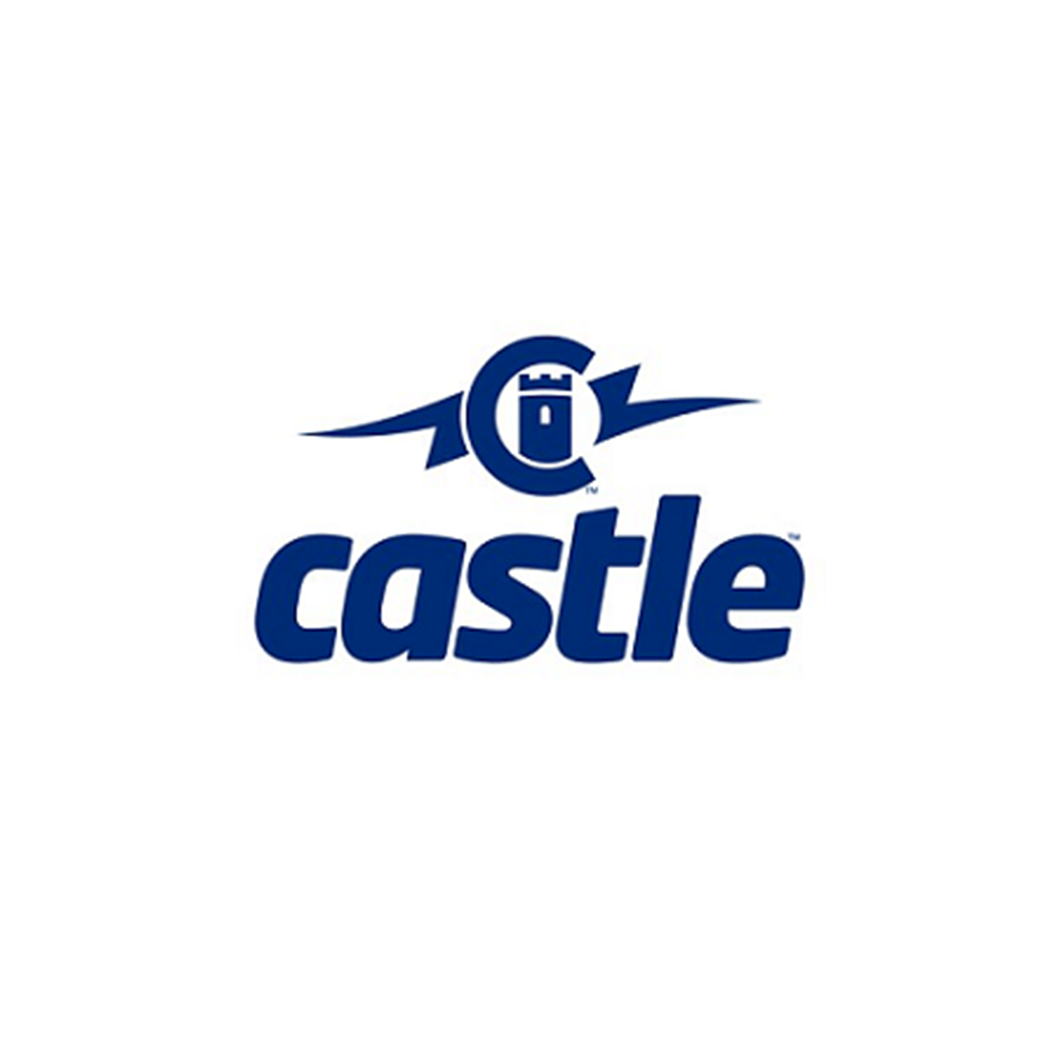 A blue castle logo on a white background.