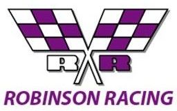 The logo for robinson racing is a purple and white checkered flag.