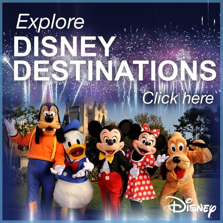 An ad for disney destinations shows mickey mouse minnie mouse goofy and pluto