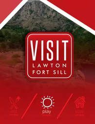 A red and white logo for visit lawton fort sill.