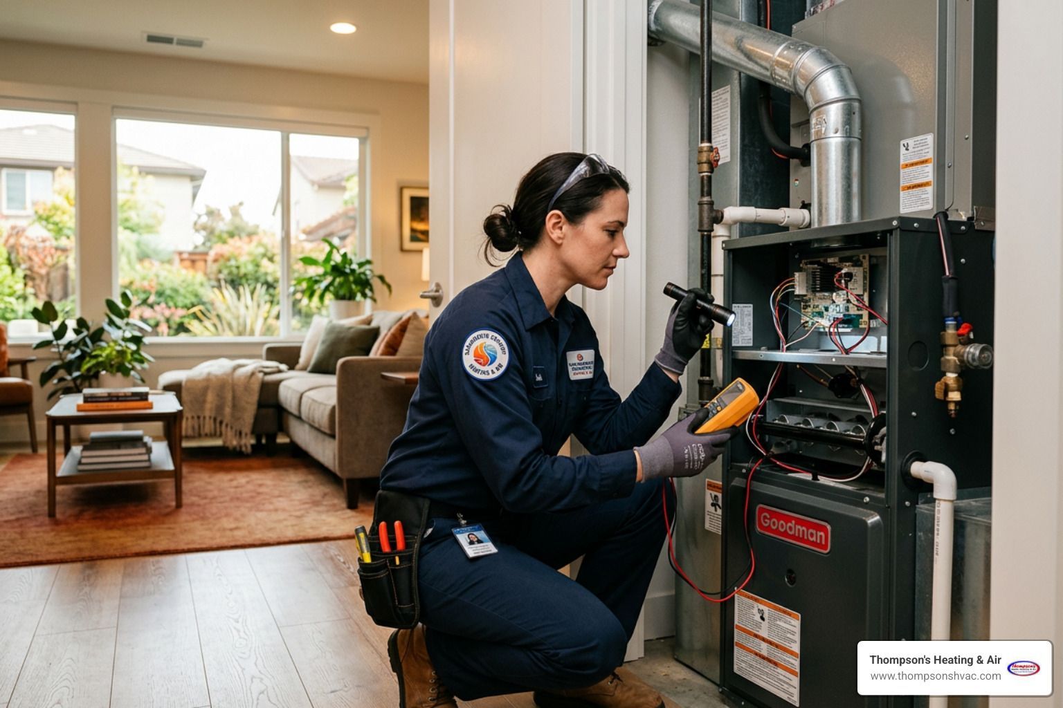 professional HVAC technician inspecting a furnace unit in a West Sacramento home - heating maintenan