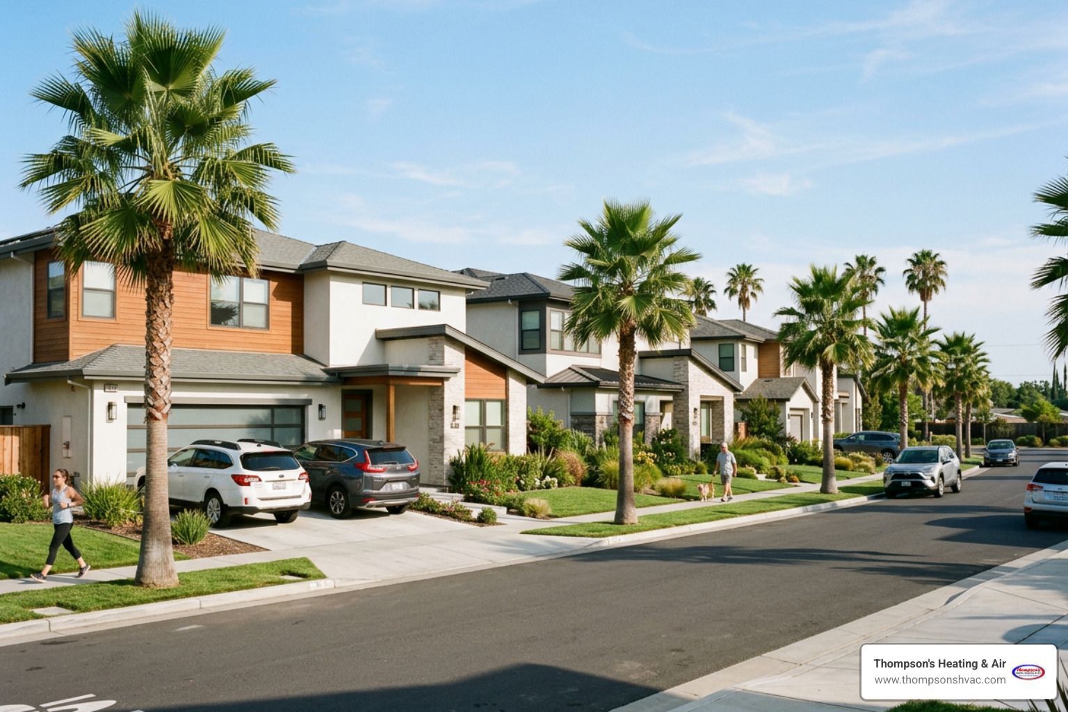 Residential street in West Sacramento with modern homes and clear blue sky - smart thermostat instal