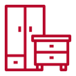 Red line drawing of a wardrobe and nightstand.