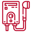 Red line drawing of an instant water heater with a shower head attached.