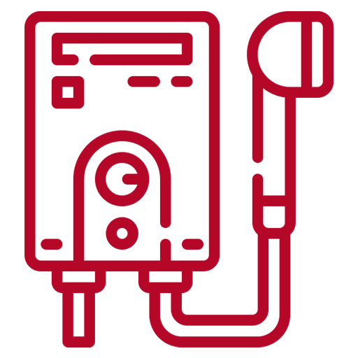 Red line drawing of an instant water heater with a shower head attached.